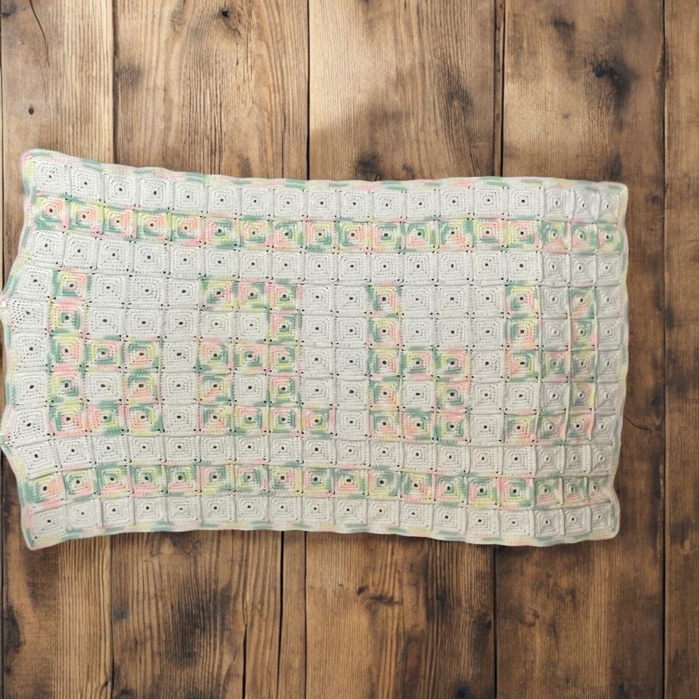 Granny Square Pastel Baby Blanket Crochet Afghan Throw Handmade Spell Out "baby"